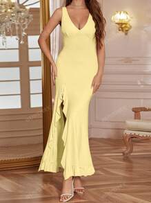 WOWDARK Women V-Neck Ruffle Hem Split Solid Color Midi Dress, Autumn