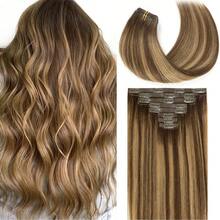 Human Hair Seamless Hair Extensions Clip In Balayage Chocolate Brown Mixed With Caramel Blonde Invisible Clip In Hair Thick Human Hair - S4/27 - View 1