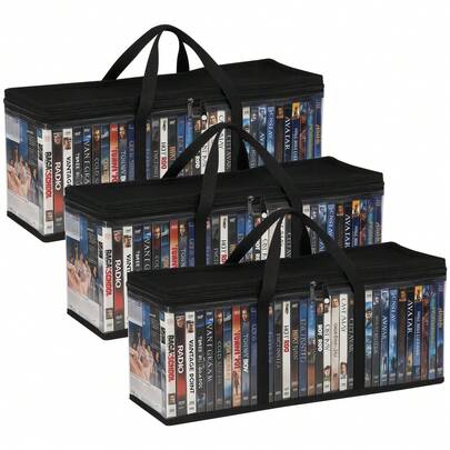 3pcs Large Capacity DVD Storage Box – 58 X 22 X 13 Cm Foldable Case With Carry Handles For Home, Office, Or Travel