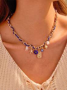 1pc European & American Luxury Flower, Heart, Starfish, Evil Eye Pendant Handmade Necklace, Versatile For Daily Wear, Vacation, Gift - Multicolor - View 5