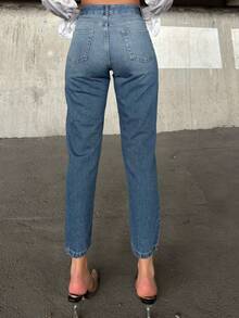 Hoch taillierte Knie Laser zerrissene Freund Mutter Jeans, einfarbig zerstört asymmetrische/asymmetrische Taschen