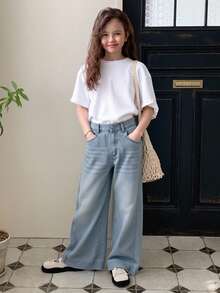 DAZY 青少年女孩休闲破洞阔腿牛仔裤，返校服，秋装 - 中等水洗藍 - 查看 5