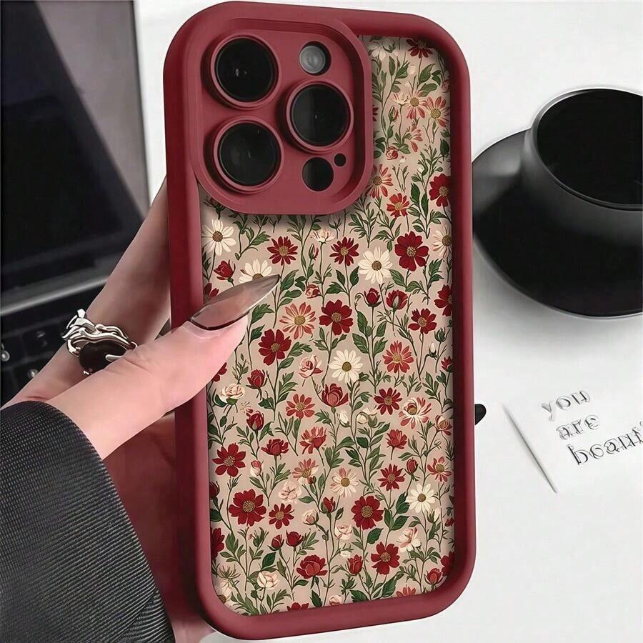 1pc Burgundy Step Pattern Simple Print Apple Case Compatible With Iphone 16 15 Pro Max 14 Plus 13 12 11 ProMax White Fashion Dust And Dirt Resistant Protective Case Creative Holiday Gift Compatible With Samsung Series - 酒紅色 - 查看 1