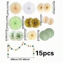 15 件鼠尾草绿色纸扇、灯笼和圆形纸花环，适用于婚礼派对装饰、圣诞节 - 彩色 - 查看 5
