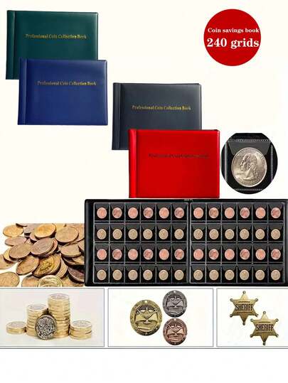 1 album de colecție pentru monede cu 240 de sloturi, pagini transparente, potrivit pentru insigne, monede comemorative, colecție de valute, poate fi folosit ca album de colecție pentru monede de 25 de cenți, cadou de ziua de naștere, sărbători, Crăciun - 20,3 cm x 15,2 cm, 4 opțiuni de culoare
