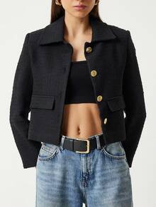 Solid Color Elegant Casual Pocket Front Button Zip Up Long Sleeve Jacket - Black - View 4