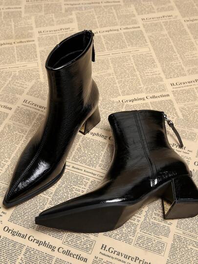 2025秋季新款优雅简约女士黑色短靴，粗跟低跟尖头鞋，踝靴，秋冬季百搭时尚短靴