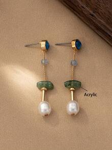 1 par de pendientes largos elegantes y vintage con diseño asimétrico de imitación de jade y perla, con cuentas geométricas para mujeres