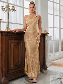 One Shoulder  Sequin Formal Dress Evening Gown Wedding Guest Dress For Birthday, Wedding Guest,  Dinner - Vàng - Xem 1