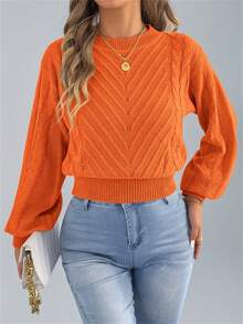 Women's Round Neck Solid Color Waist Cinched Casual Long Sleeve Pullover Sweater, Autumn/Winter