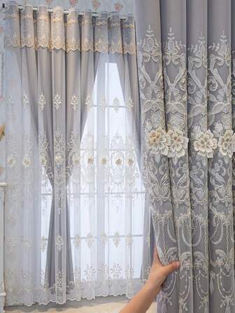 1 pieza Cortinas opacas de lujo de doble capa con bordado y tela transparente con flores en relieve 3D, listas para usar, para sala de estar y dormitorio, ventanas