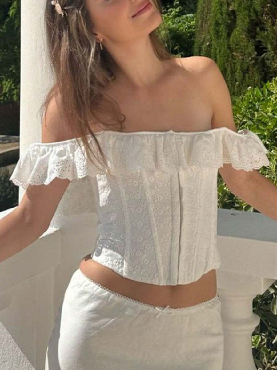 .Womens Off Shoulder Push Up Bustier Corset Slim Fit Bustier Shapewear Lingerie Slim Fit Tie Up Corset Top Outerwear - 白色 - 查看 1