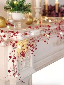 带灯圣诞花环 5 英尺节日灯浆果串珠花环圣诞装饰品适用于室内家居壁炉节日派对装饰，非常适合礼品包装、新年礼物、婚礼甜点桌、蛋糕装饰、生日派对、节日装饰灯串、圣诞节（红色） - 紅色暖白 - 查看 2