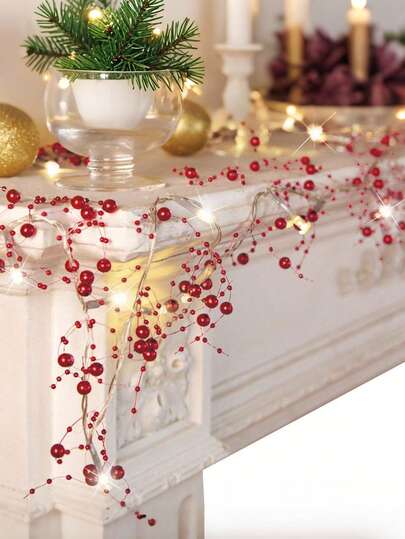 带灯圣诞花环 5 英尺节日灯浆果串珠花环圣诞装饰品适用于室内家居壁炉节日派对装饰，非常适合礼品包装、新年礼物、婚礼甜点桌、蛋糕装饰、生日派对、节日装饰灯串、圣诞节（红色）