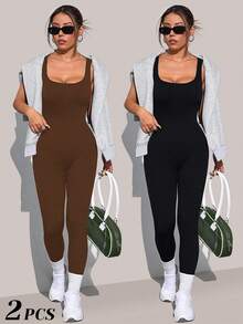 VVX Shapewear Bodysuit For Women Tummy Control Square Neck Seamless Ribbed One Piece Jumpsuit Sleeveless Tank Top Leggings - 黑棕 - 查看 1