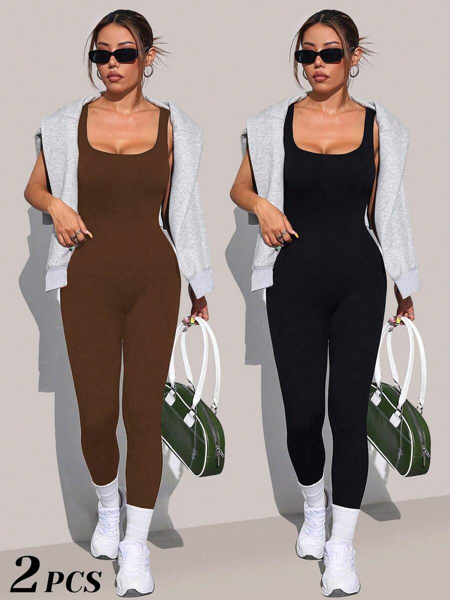 VVX Shapewear Bodysuit For Women Tummy Control Square Neck Seamless Ribbed One Piece Jumpsuit Sleeveless Tank Top Leggings - 黑棕 - 查看 1