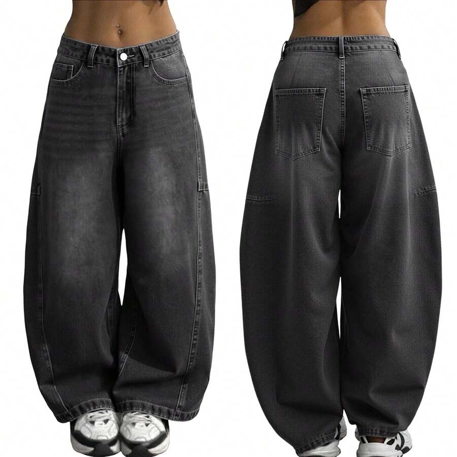 Women's Hip Hop Baggy Jeans Wide Leg Mid-Low Waist Jeans Loose Boyfriends Jeans 90s Vintage Denim Pants - 黑色 - 查看 1