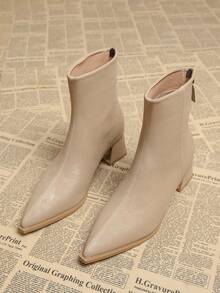 2025秋季新款优雅简约杏色粗跟尖头踝靴，百搭时尚女式踝靴，秋冬款 - 杏色 - 查看 2