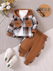 BrownBark 2pcs/Set Baby Boy Casual Outdoor Suit, Baby Boy Casual Plaid Pocket Hooded Long Sleeve Shirt + Relaxed Pants 2-Piece Set, Spring Autumn Children Clothing, Infant Outfit - Brown - View 2