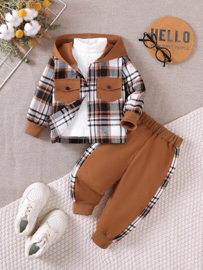 BrownBark Set da 2 pezzi abito casual da ragazzo per esterno, camicia con cappuccio e tasca a quadri a maniche lunghe + pantaloni casual lunghi, outfit autunno/inverno per bambini