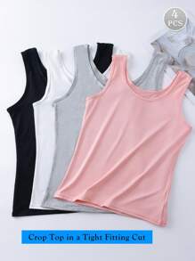 4 件套女士舒适休闲 U 领宽肩带吊带无袖短款上衣，紧身版型