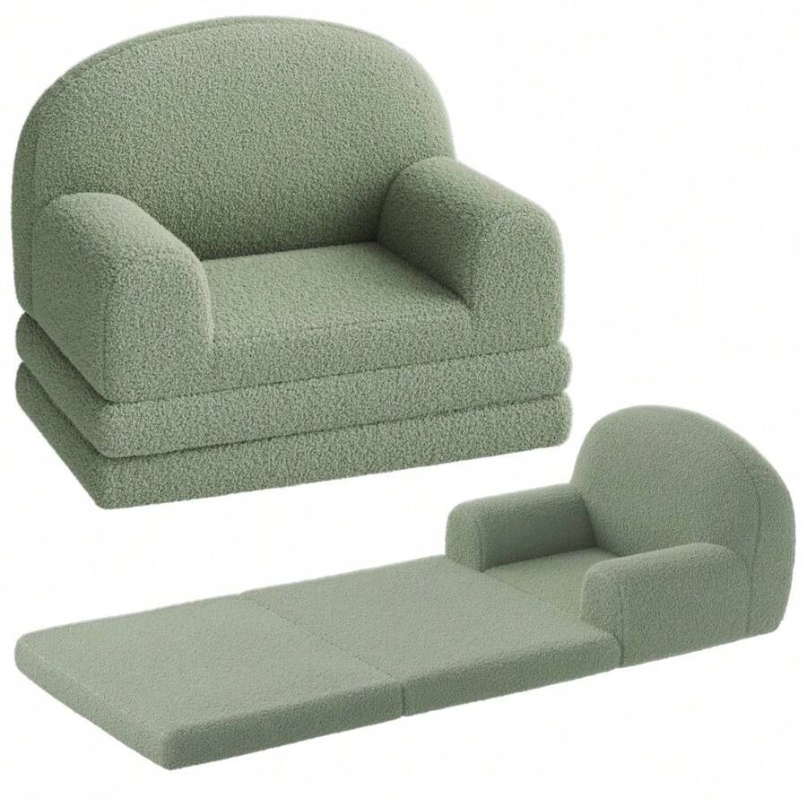 Huisuilinss Kids Couch,2-In-1 Convertible Sofa To Lounger,Mini Comfy Toddler Couch Fold Out With Cute Half-Moon Design,Foam Kids Chair With Soft Sherpa,Gift For Girls Boys - 綠色 - 查看 1