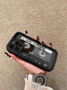 1 pieza Funda de teléfono compatible con iPhone X XR XS Max 11 12 13 13Pro 13ProMax 14ProMax 14ProMax 15 15PRO 15PLUS 15PROMAX 16 16Pro 16Plus 16Promax Serie, con diseño simple impreso de casete retro, resistente al agua, a los golpes y a los arañazos, adecuada para iPhone 17 Air - Negro - Ver 3