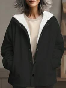 Women's Solid Color Thermal Lined Hooded Cardigan Jacket, Warm Outerwear Suitable For Autumn/Winter