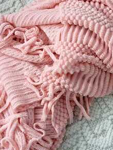 1件复古风格纯色针织毯，带流苏，柔软保暖，可用作沙发套、四季床罩、客厅卧室装饰配件、办公室用品、露营毯、午睡毯，多用途毯子，礼品 - 粉色 - 查看 7