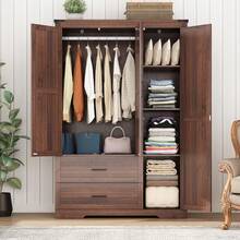 2/3/4 Doors Wardrobe Armoire Closet With Doors And Drawers, Farmhouse Wooden Armoire Storage Cabinet With Shelves & Hanging Rod For Bedroom - 棕色 - 查看 5