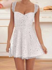 Vestido de tirantes para mujer, vestido mini de verano con espalda descubierta, lazo y lentejuelas brillantes en corte evasé - Blanco - Ver 1