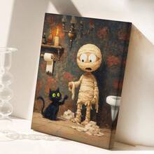 1PC Halloween Cat And Mummy Print, Funny Bathroom Decoration, Scary Halloween Decoration, Cat Lover Halloween Gift, Cat Litter Box Humor, Canvas Wall Art, Posters For Room, Home Decoration, Room Decoration Aesthetic, Room Decoration Stuff. Optional Frame