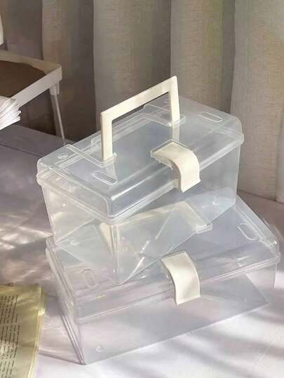 1 件/2 件简易手持桌面大容量透明收纳盒，带手柄的透明便携式收纳盒，可堆叠塑料容器整理器，适用于珠宝、工具、办公室、学校和大学 - 通用假日使用，独立