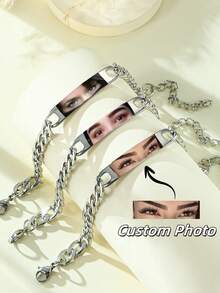 1pc Personalized Photo Couple Bracelet, Customized Eye Photo Bracelet, Stainless Steel Chain Laser Engraved Picture Bracelet, Engraved Photo Stainless Steel Jewelry, Gift For Boyfriend, Commemorative Gift, Personalized Christmas Gift, Customized Father's Day Cuban Link Photo Bracelet - Color Photo Bracelet - View 5