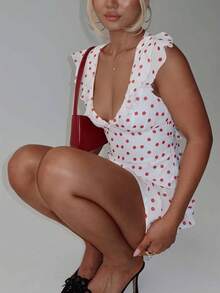 Women Y2k Dot Print Tank Mini Dress Flying Sleeve V Neck Ruffle Hem Bodycon Short Dress Summer Backless Slim Fit A-Line Going Out Dresses For Daily Party Club Wear - trắng - Xem 6