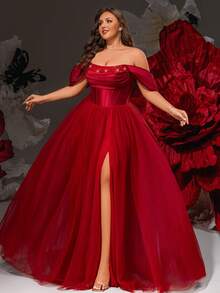 VIPGIRL Vestido de gala de tul color borgoña con hombros descubiertos, corsé con lentejuelas y falda esponjosa, vestidos de gala para mujeres, estilo princesa elegante, vestido de noche formal, vestido de lujo para invitada de boda, vestido de dama de honor, vestido de fiesta