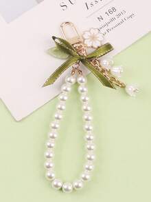 1pc Green Ribbon Lanyard, Car Key Chain Pendant, Creative Lily Flower Pearl Chain Pendant, Earphone Case Bag Decor