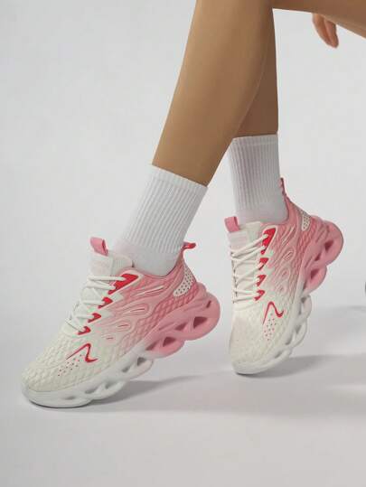 Women's New Patchwork Contrast Color Gradient Hollow Soft Bottom Lace-Up Casual Shoes, Versatile Daily Wear, Popular Street & Campus Style, Comfortable For Running & Sports