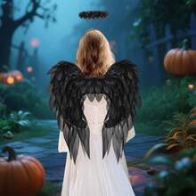 Halloween White Angel Wings With Halo And Fairy Stick, Black Feathered Angel Costume Suitable For Male And Female Cosplay - màu đen - Xem 5