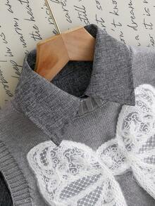 3 件套 Tween 女童蝴蝶结贴花纹理毛衣背心、长袖衬衫和百褶裙套装，秋季 - 灰色 - 查看 4