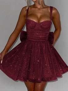 Unadoll Women's Camisole Pleated Bow Design With Sparkling Fabric Zipper Short Dress, Suitable For Dress For Wedding,Christmas , Party, Cocktail Party Dresses