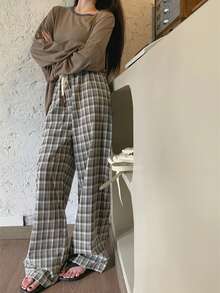 Quần ống đứng dáng rộng thắt dây kiểu Hàn Quốc tối giản kẻ caro, mùa xuân - Xám - Xem 3
