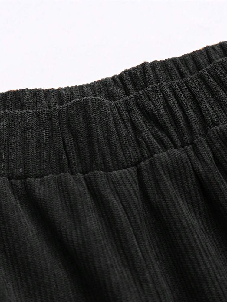 灯芯绒纯色口袋保暖内衬厚裤，秋冬休闲日常穿着 - 黑色 - 查看 6