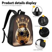 3 件套足球、皇冠、彩色、金色足球皇冠主题背包套装 - 斜挎包、铅笔盒和储物袋、耐用涤纶、轻便、时尚混色 - 15吋雙肩包3件套裝 - 查看 5