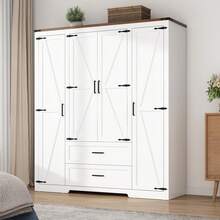 2/3/4 Doors Wardrobe Armoire Closet With Doors And Drawers, Farmhouse Wooden Armoire Storage Cabinet With Shelves & Hanging Rod For Bedroom - trắng - Xem 1