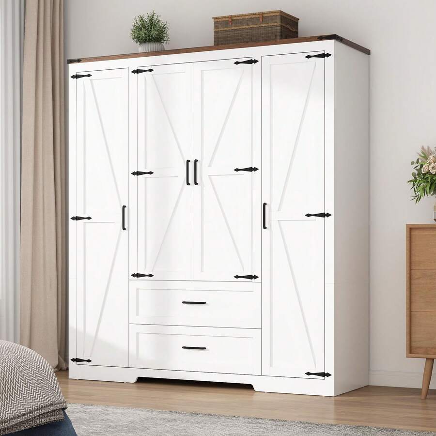 2/3/4 Doors Wardrobe Armoire Closet With Doors And Drawers, Farmhouse Wooden Armoire Storage Cabinet With Shelves & Hanging Rod For Bedroom - trắng - Xem 1