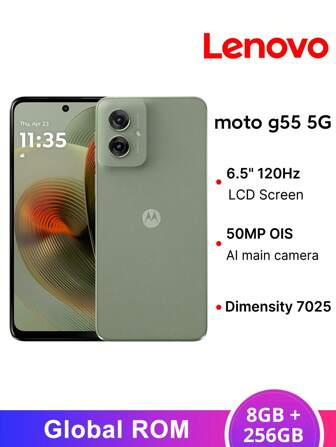 Motorola 联想摩托罗拉 MOTO G55 5G 智能手机全球版 ROM，8GB+256GB 存储，联发科天玑 7025 处理器，6.5 英寸 120Hz 刷新率 LCD 屏幕，5000 万像素 OIS 主摄像头，1600 万像素前置摄像头，5000mAh 电池，33W 快充，*支持多种语言