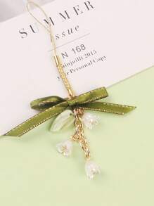 1pc Green Ribbon Lanyard, Car Key Chain Pendant, Creative Lily Flower Pearl Chain Pendant, Earphone Case Bag Decor