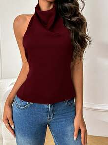 WOWDARK 女士夏季露背吊带缎面衬衫，酒红色，时尚性感纯色，适合情人节、约会、聚会、派对、旅行、度假、海滩等场合。