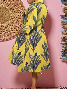 女式翻领七分袖半开前印花休闲连衣裙 - 黃色 - 查看 3
